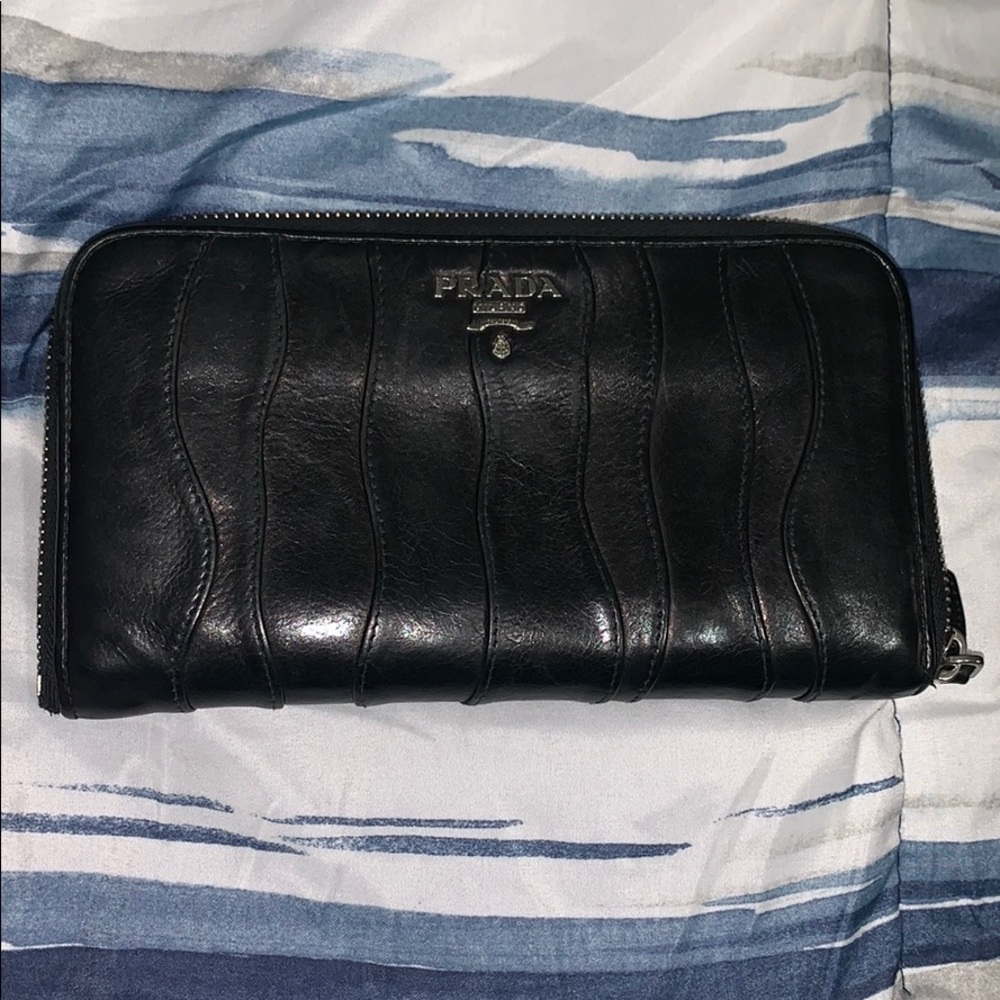PRADA Nappa Waves Zip Around Wallet Black